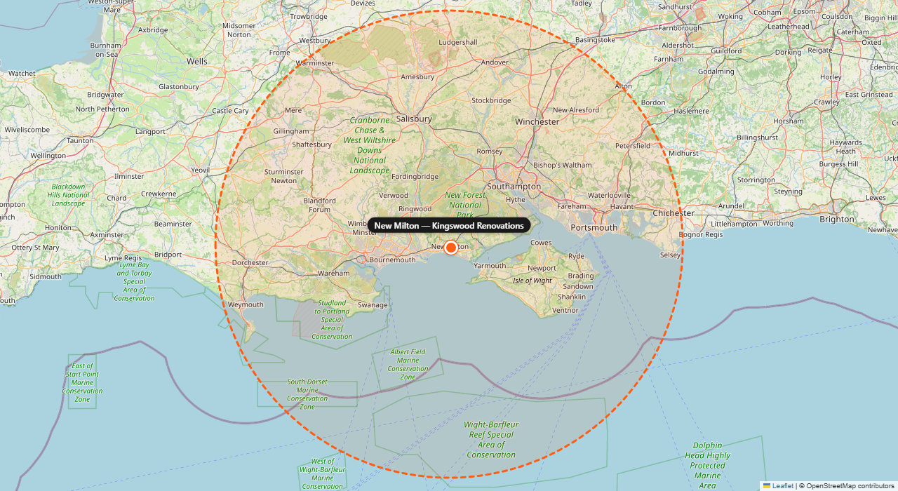 Kingswood Renovations service area — approximately 40-mile radius around New Milton